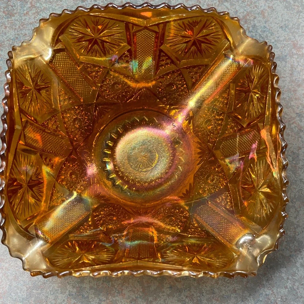 Vintage Imperial Glass Marigold Carnival‎ Glass Star & File Square Bowl